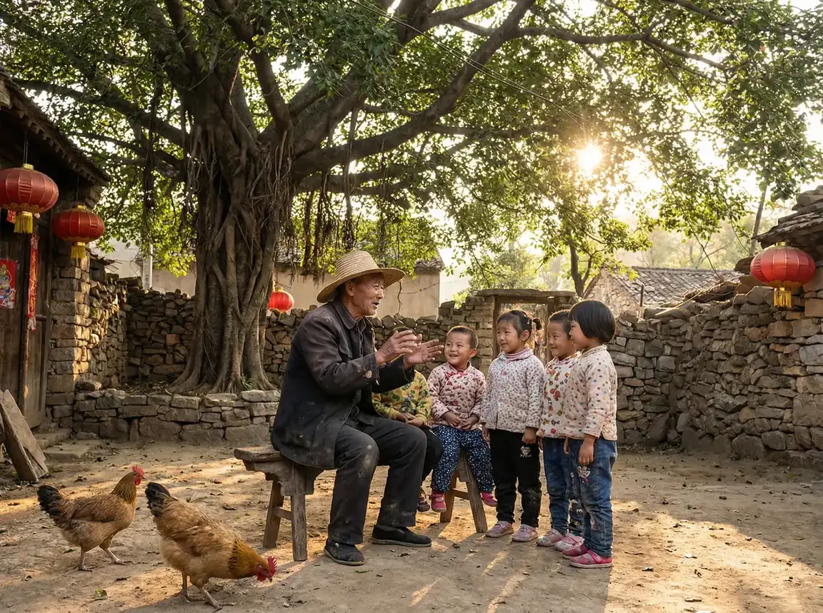 老人在大榕树下给孩子们讲故事 - 艺术片影院 乡村记忆